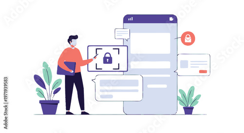 Man interacting with secure mobile application interface illustration.