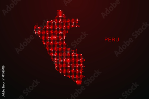 Peru Map - Digital dotted map with glowing red points on dark background, modern technology style, abstract data network design, clean minimal vector illustration.
