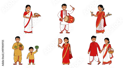 An illustration set of seven people in traditional Bengali attire performing various actions with cultural objects in a vector icon style.