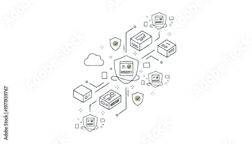 Isometric Illustration of Secure Data Transfer and Digital Protection.