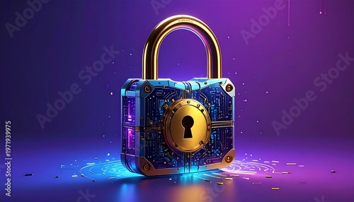 A futuristic, glowing blue and gold padlock on a purple background
