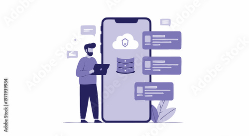 Man working on laptop with mobile phone cloud data storage.