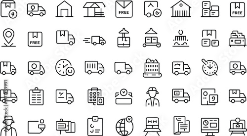 Logistics outline icons, delivery service vector set, shipping symbols illustration, supply chain graphics pack, warehouse essentials, package transport design resources, e-commerce distribution tools