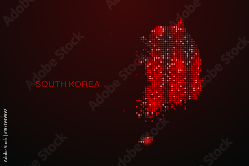 South Korea Map - Digital dotted map with glowing red points on dark background, modern technology style, abstract data network design, clean minimal vector illustration.