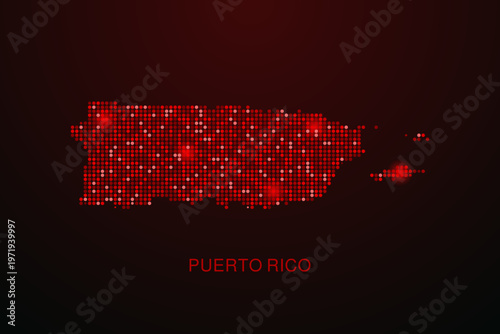 Puerto Rico Map - Digital dotted map with glowing red points on dark background, modern technology style, abstract data network design, clean minimal vector illustration.