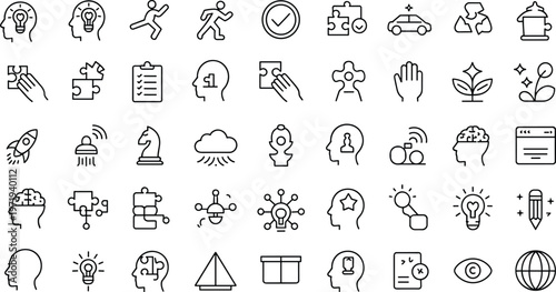 Innovation icons, ideas, problem solving, communication, puzzle, rocket, chess piece, gears, recycling, sustainability, creativity, light bulb, strategy, growth, progress