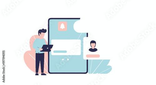 Man with Laptop Interacting with a Large Smartphone Interface.