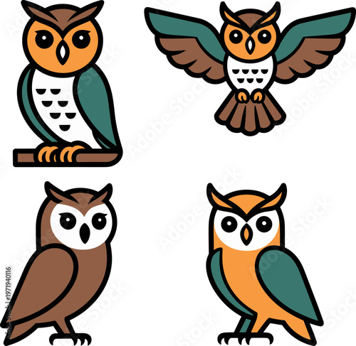 Colorful owl bird icons, flying and perched illustration, wildlife clipart design, nocturnal animal artwork concept, flat vector illustration for education