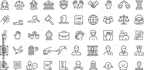 Law and justice outline icons set, courthouse, scales, gavel, police, handcuffs, legal documents, rights, security, crime, legal system illustration