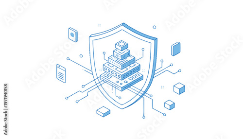 Isometric Shield Protecting Digital Data and Information Securely.