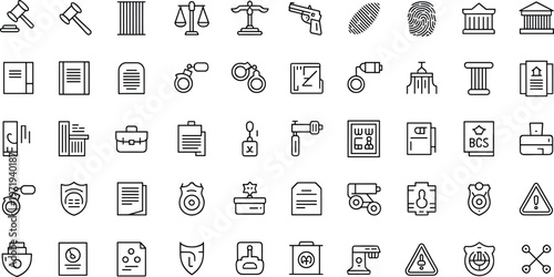 Law icons, justice symbols, courthouse, gavel, scales of justice, police badge, handcuffs, fingerprint, prison bars, legal document, security lock, shield
