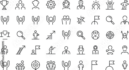 Leadership icons, teamwork symbols, achievement trophy, business success, strategy gears, target goal, celebration people, flag milestone, magnifying glass, personal development