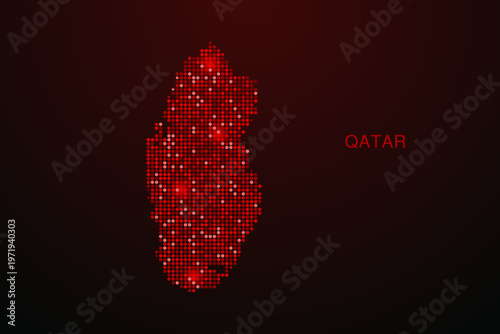 Qatar Map - Digital dotted map with glowing red points on dark background, modern technology style, abstract data network design, clean minimal vector illustration.