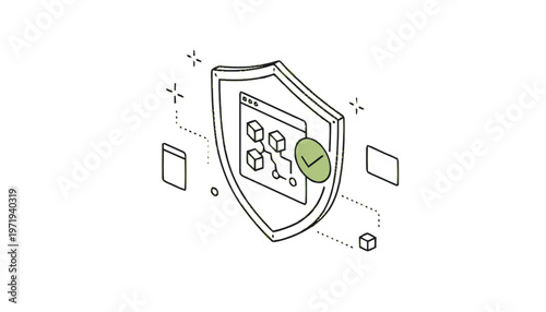 Isometric Shield Protecting Software Interface with Green Checkmark.