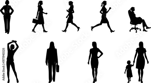 Everyday people silhouettes, walking running sitting poses, professional activity figures, family connection illustration, diverse human postures, flat vector illustration