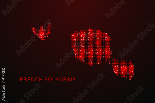 French Polynesia Map - Digital dotted map with glowing red points on dark background, modern technology style, abstract data network design, clean minimal vector illustration.
