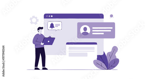 Man with Laptop Interacting with Online Profile and Notifications.