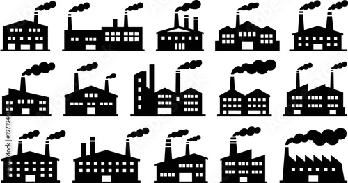 Factory building silhouettes icon set, industrial smokestacks emitting smoke, manufacturing production architecture grid design, industry concept illustration, flat vector illustration