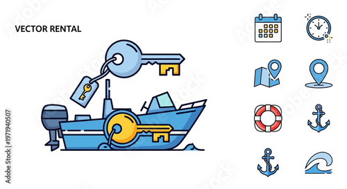 Boat Rental Icons: Key, Calendar, Map, Clock, Anchor, Lifebuoy, Wave