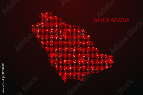Saudi Arabia Map - Digital dotted map with glowing red points on dark background, modern technology style, abstract data network design, clean minimal vector illustration.