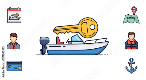 Boat Rental Service Concept: Key, Motorboat, Icons for Travel & Safety