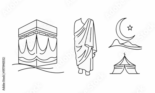 Hajj and Islamic Pilgrimage Line Art Icons Set. Kaaba, Ihram, Crescent Moon, Tent Vector Illustration