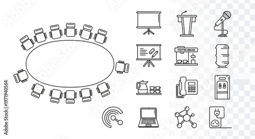 Business Meeting Room Icons Set: Conference Table, Podium, Laptop, Coffee Machine
