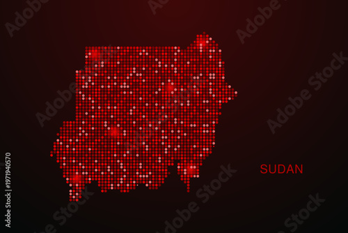 Sudan Map - Digital dotted map with glowing red points on dark background, modern technology style, abstract data network design, clean minimal vector illustration.