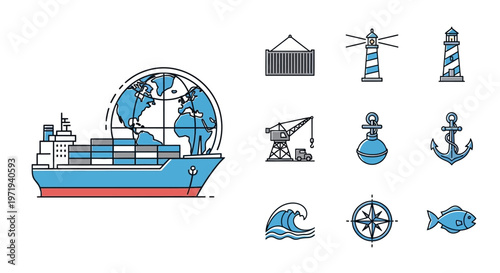 Cargo Ship and Global Shipping Icons Set