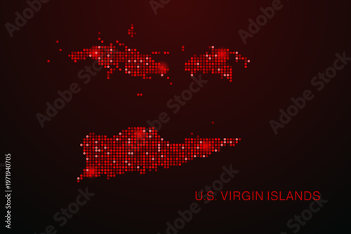 U.S. Virgin Islands Map - Digital dotted map with glowing red points on dark background, modern technology style, abstract data network design, clean minimal vector illustration.
