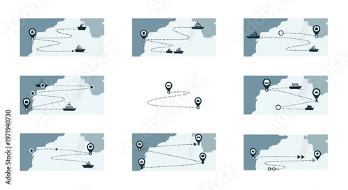 Cargo Ship Route Planning, Navigation Map with Pins and Dotted Lines