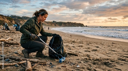 Volunteer cleaning plastic pollution from a sandy beach during an ocean conservation environmental cleanup event