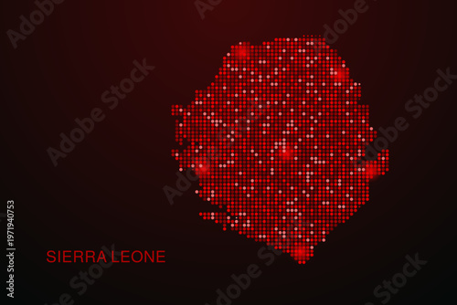 Sierra Leone Map - Digital dotted map with glowing red points on dark background, modern technology style, abstract data network design, clean minimal vector illustration.
