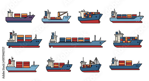 Cargo Ships Collection: Modern Container Vessels Set, Global Shipping Icons
