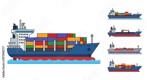Cargo Ships Set: Container Ship and Bulk Carrier Illustrations