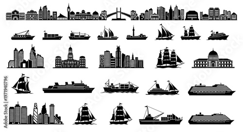 Cityscape and Ship Silhouettes Collection