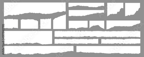 Set of white ripped paper strips. Realistic paper scraps with torn edges collection. Sticky notes, shreds of notebook pages. Vector illustration.