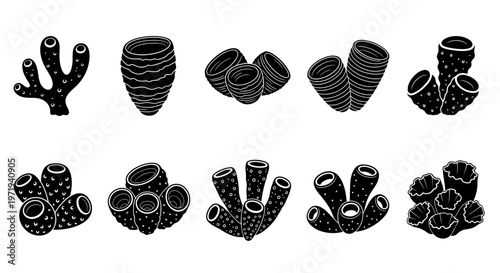 Collection of Black and White Sponge Illustrations, Marine Life Icons