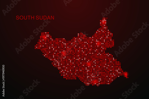 South Sudan Map - Digital dotted map with glowing red points on dark background, modern technology style, abstract data network design, clean minimal vector illustration.