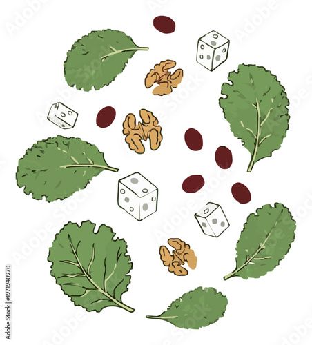 Healthy kale salad bowl top down illustration. Generative AI