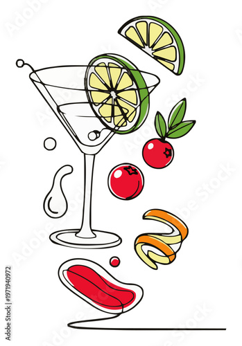 Minimalist line art cosmopolitan cocktail icon. Generative AI