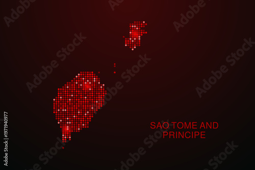 Sao Tome and Principe Map - Digital dotted map with glowing red points on dark background, modern technology style, abstract data network design, clean minimal vector illustration.