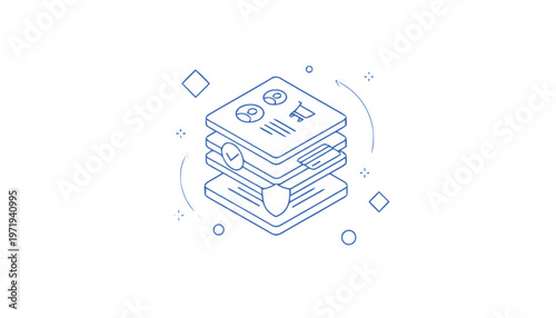 Isometric Stack of Digital Interface Elements on White Background.