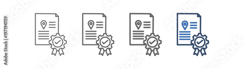 
Outline icon set of certificate of origin with document paper design, location, and award