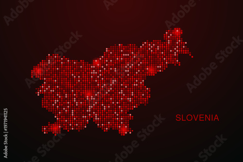 Slovenia Map - Digital dotted map with glowing red points on dark background, modern technology style, abstract data network design, clean minimal vector illustration.