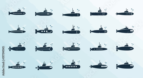 Collection of Diverse Submarine Icons on Blue Gradient Background