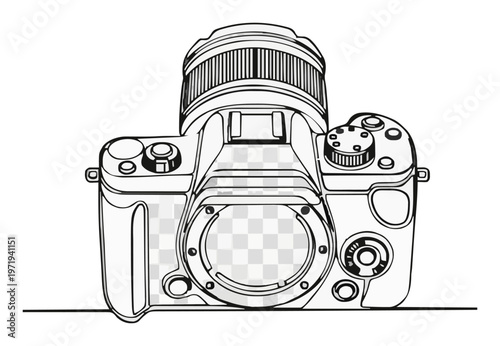 Minimalist continuous line art mirrorless camera icon. Generative AI