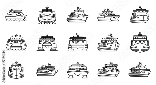Collection of Ferryboat Icons, Vector Line Art Style, Isolated on White Background
