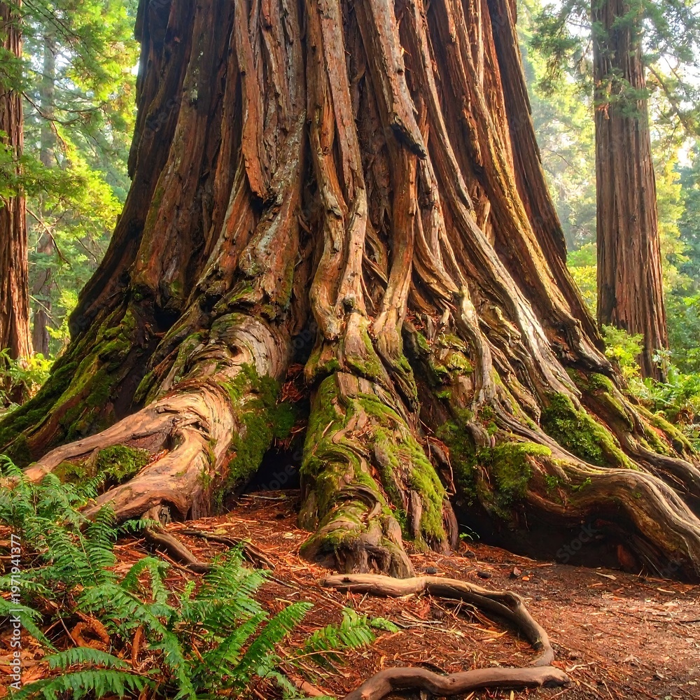 Fototapeta premium A large, ancient tree with a wide trunk and gnarled roots
