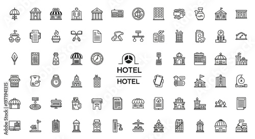 Collection of Hotel and Building Icons: Vector Graphics for Hospitality and Architecture